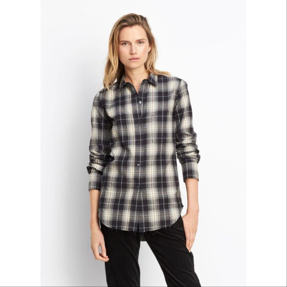 Vince Tartan Plaid Raw Hem Oversized Button Front Flannel Shirt Black Cream XS